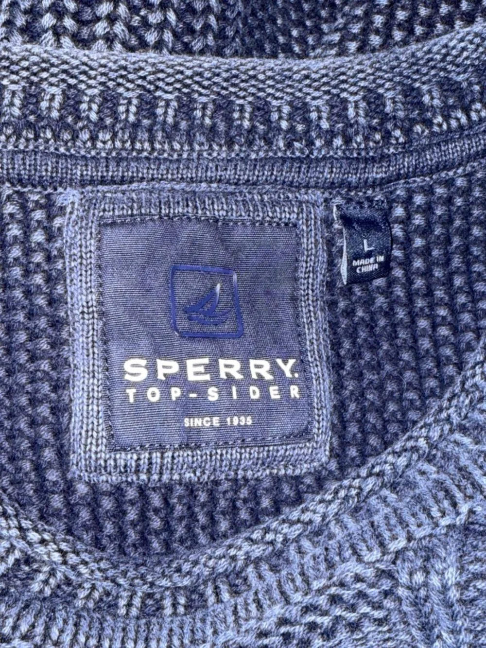 Sperry Men's Sweater Crewneck Cable Knit Anchor Textured Blue Large Nautical